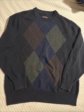 Dockers Navy Argyle Crewneck Sweater with Green and Brown Diamonds